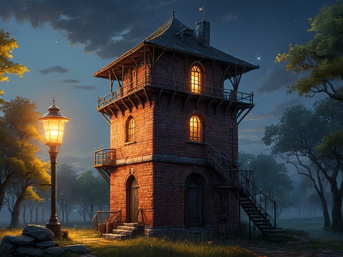 Illuminated Brick Tower at Dusk Surrounded by Trees