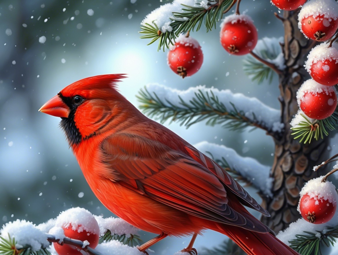 Cardinal on Snowy Pine Branch with Red Berries