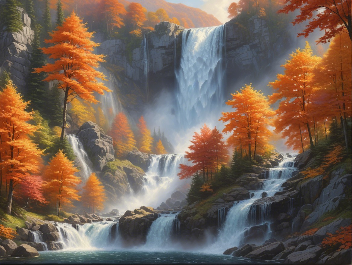 Waterfall Surrounded by Autumn Foliage and Mist