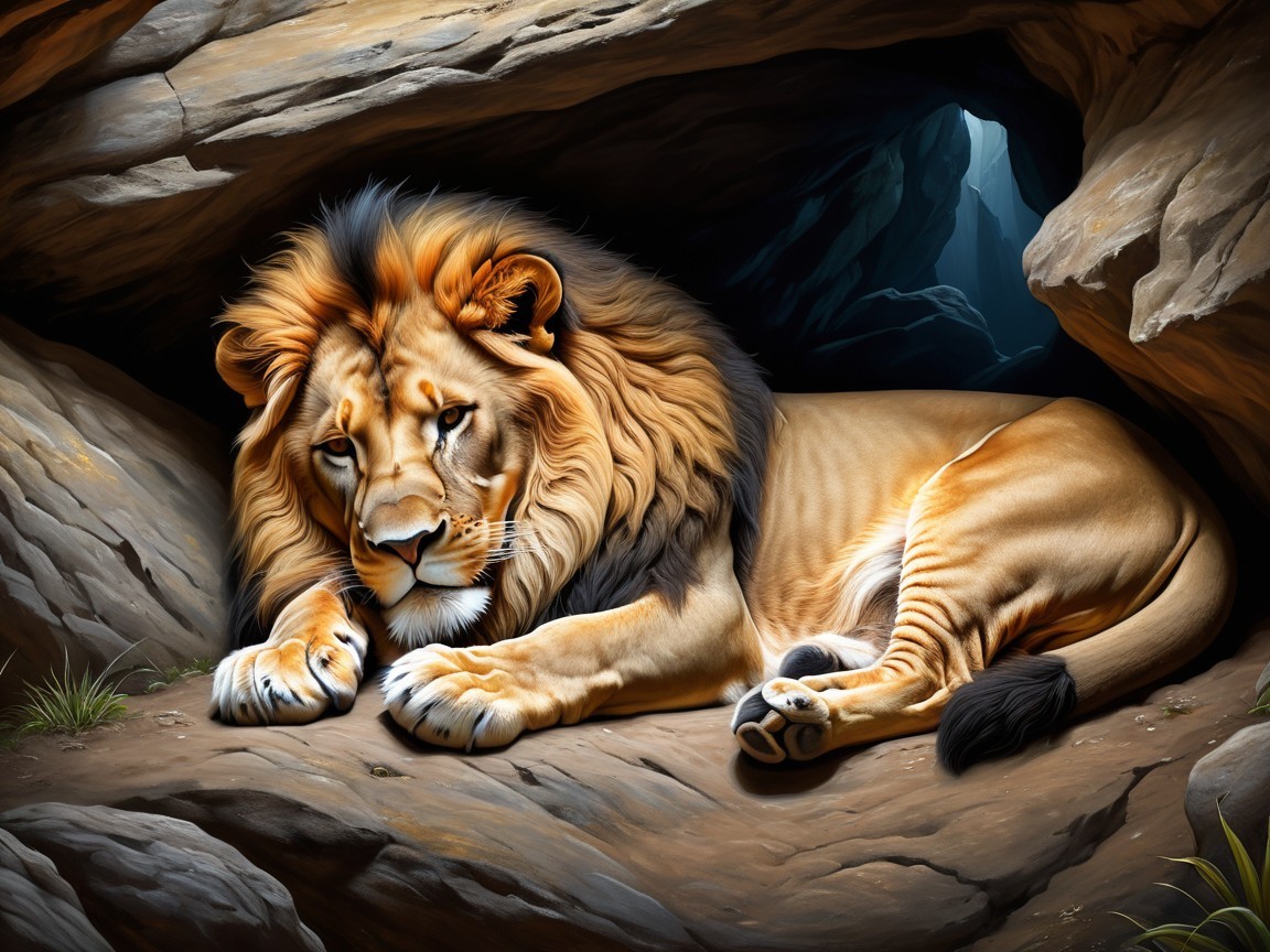 Lion Resting in Rocky Cave with Golden Mane