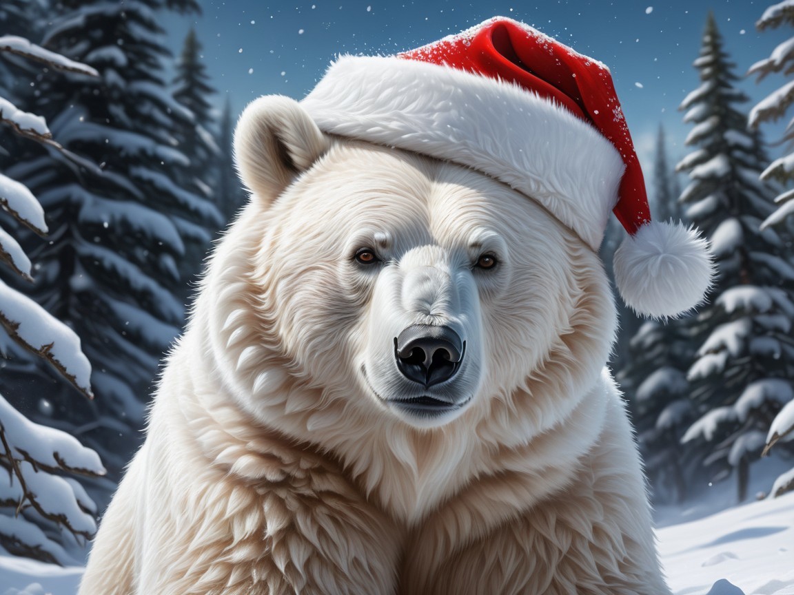 Fluffy Polar Bear in Santa Hat in Winter Scene