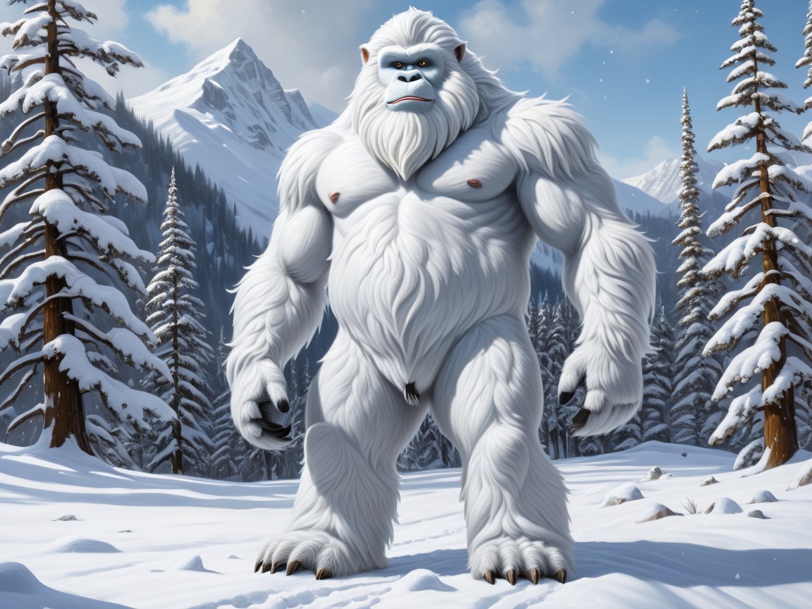 Yeti in Snowy Landscape with Evergreen Trees and Mountains