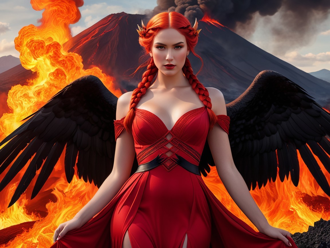 Woman with Red Hair and Black Feathered Wings
