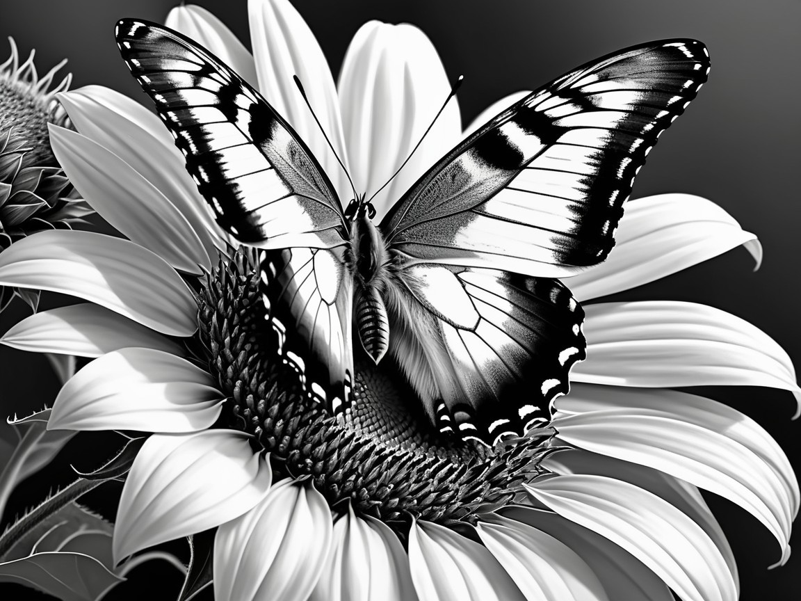 Black and white butterfly on a vibrant sunflower