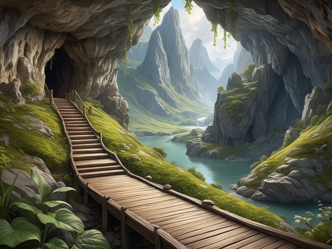 Wooden Pathway Through Cave to Scenic Landscape