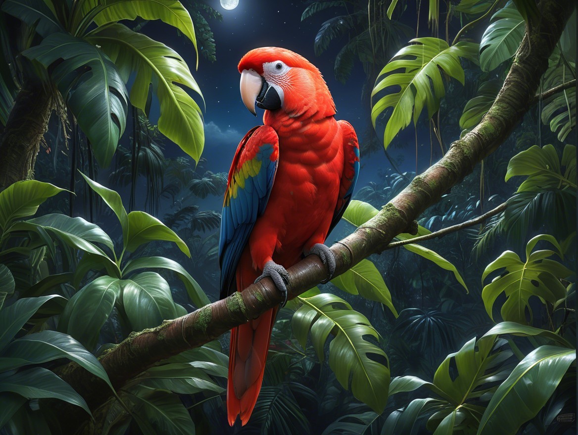 Scarlet Macaw in Tropical Rainforest Under Moonlight