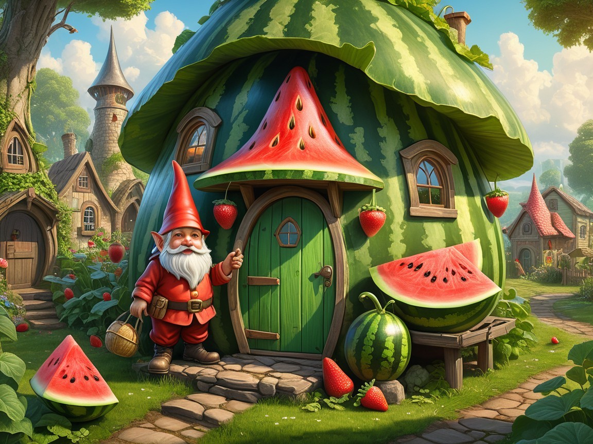 Gnome in front of a watermelon-shaped house scene