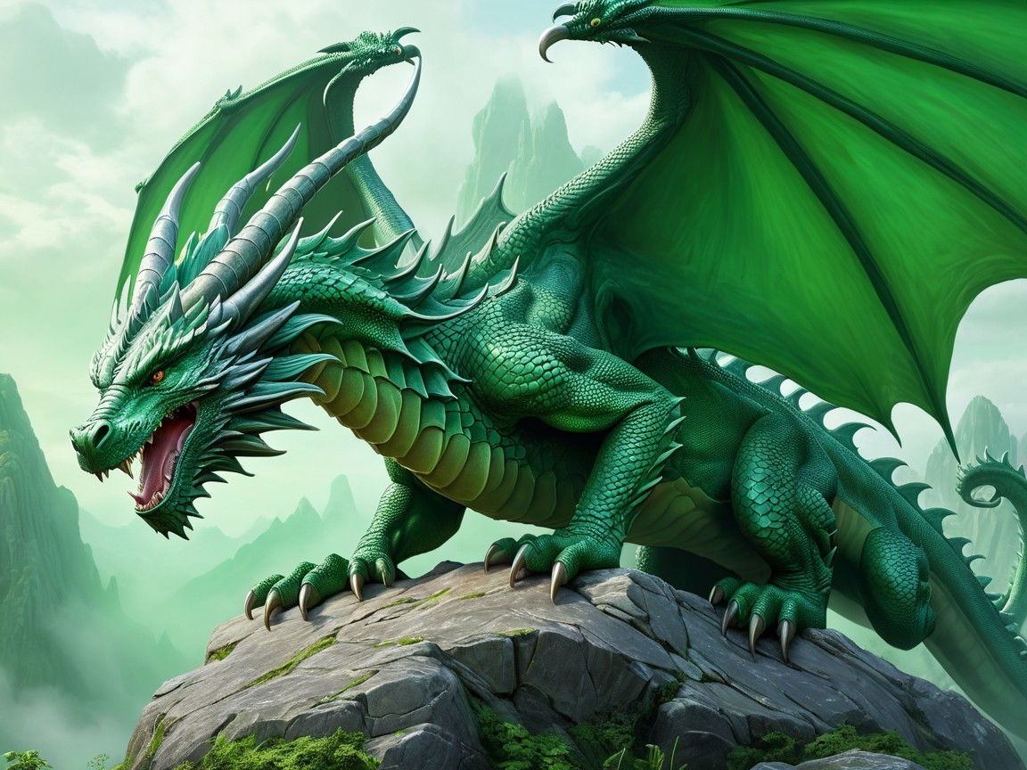 Majestic green dragon on rocky outcrop in sunlight