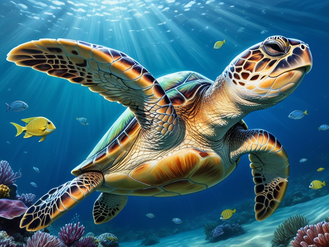 Vibrant Underwater Scene with Sea Turtle and Coral Reefs