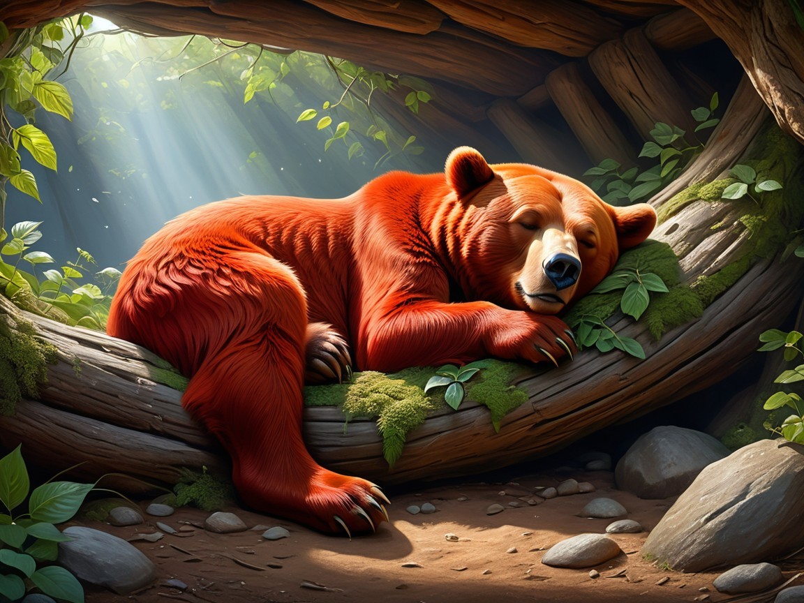 Brown bear sleeping in a cozy tree branch nook