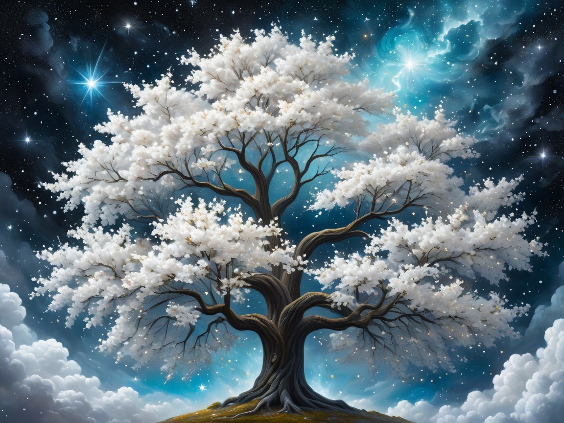 Majestic tree with white flowers under starry sky