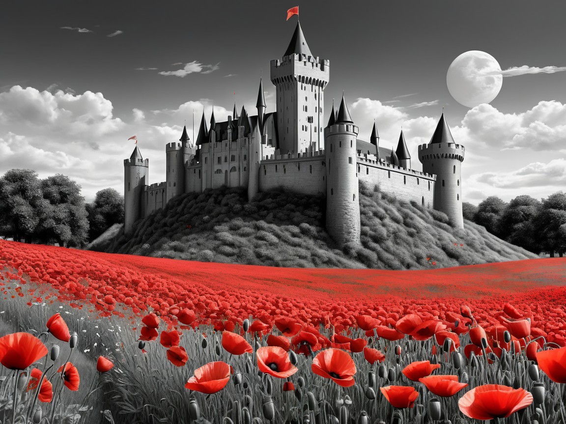 Castle on a Hill Surrounded by Colorful Poppies