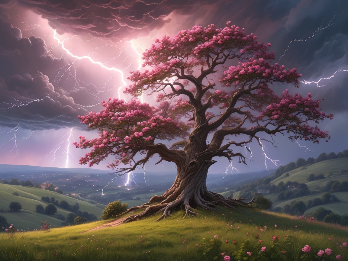 Majestic tree with pink blossoms on a rolling hill