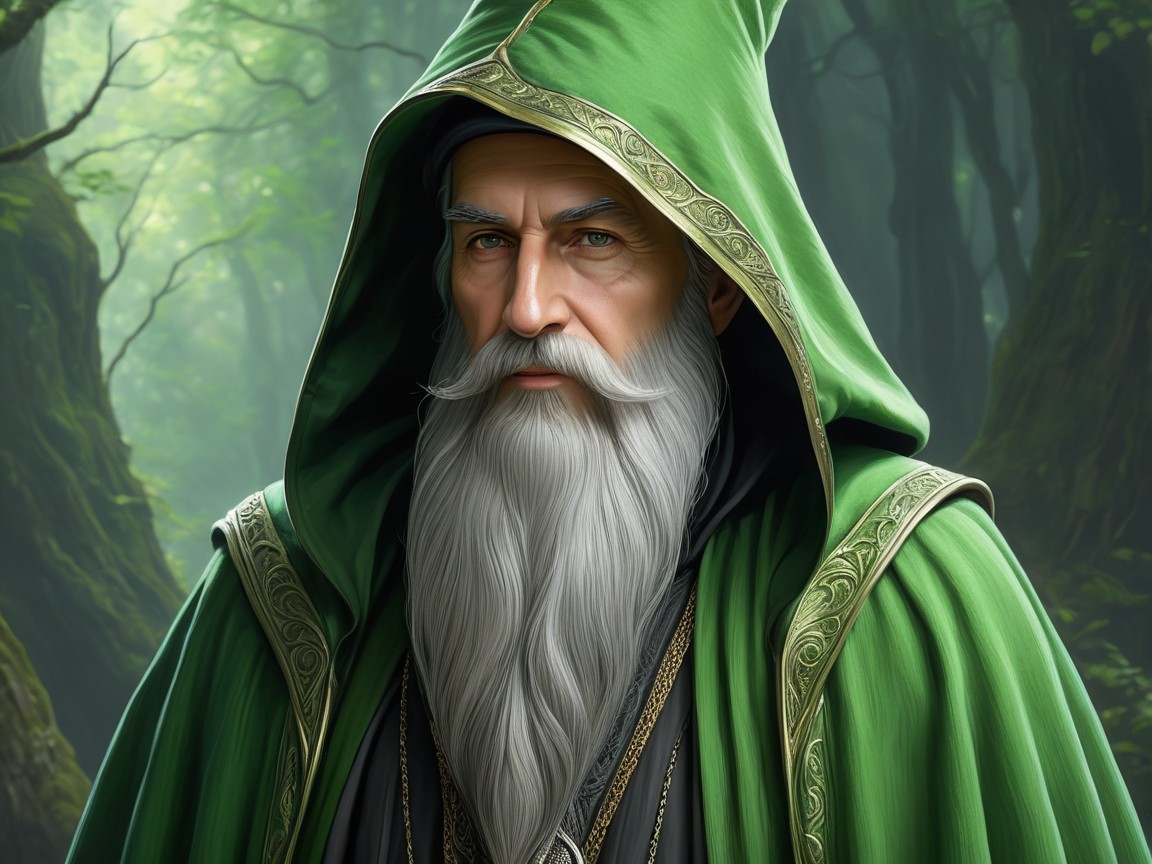 Old wizard in mystical forest with glowing sunlight