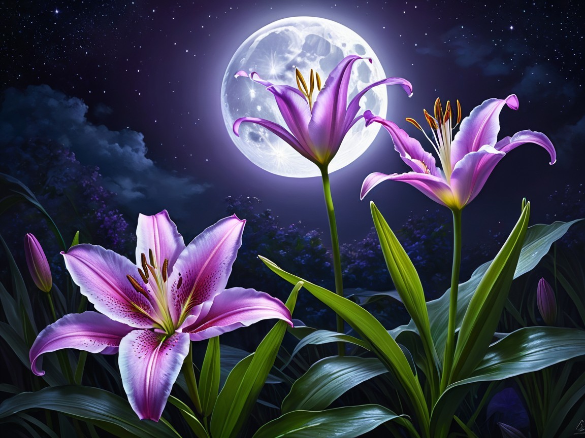 Pink Lilies Under Full Moonlight with Twinkling Stars