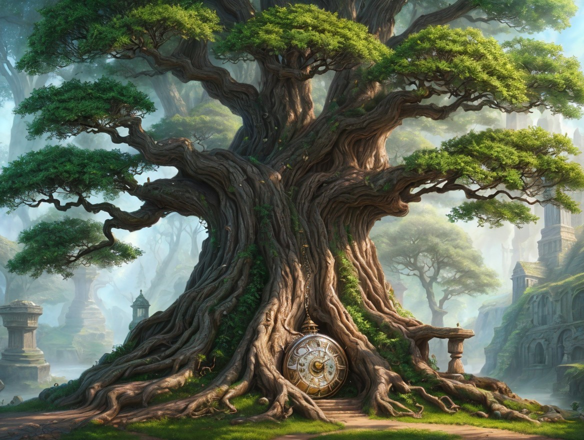 Ancient tree with clock and ruins in misty background