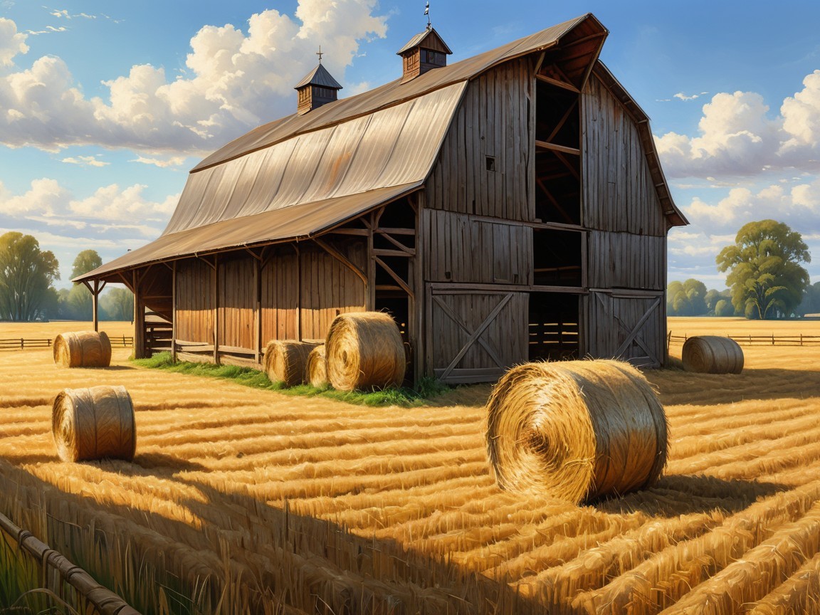Rustic Barn in Golden Field with Hay Bales and Trees