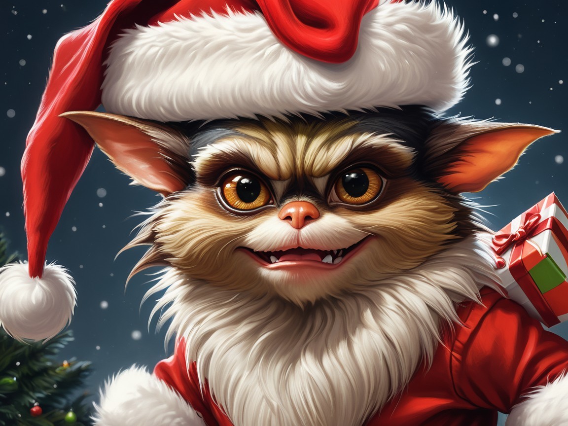 Mischievous creature in Santa hat with festive attire