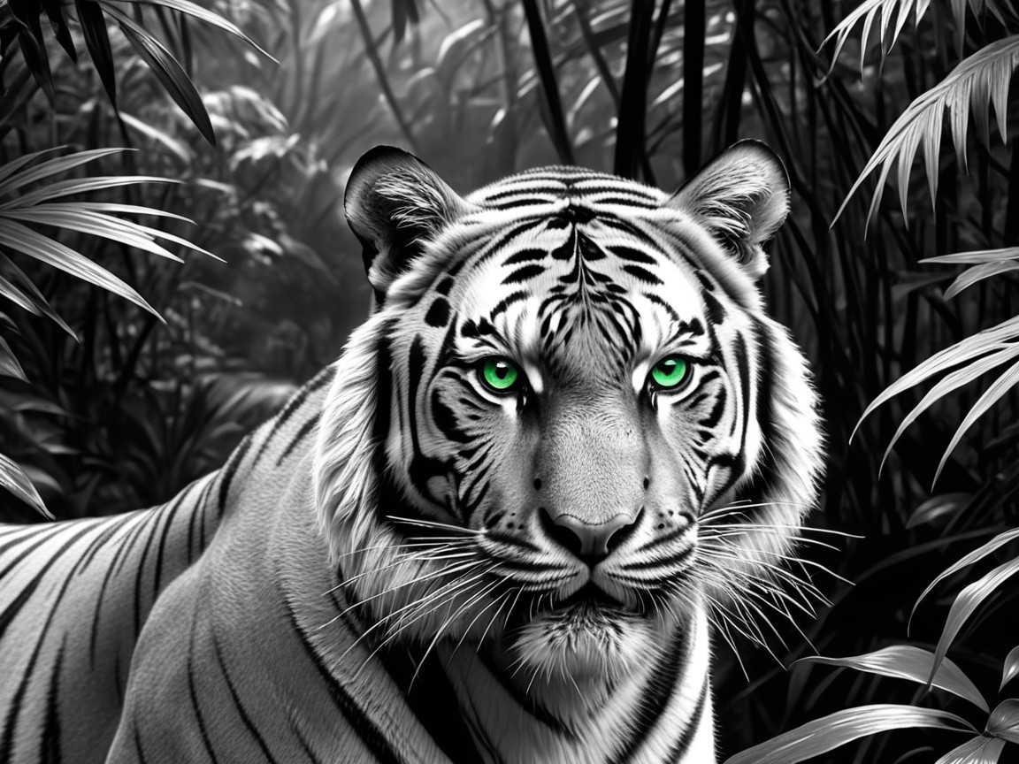 White Tiger in Dense Jungle with Green Eyes and Stripes