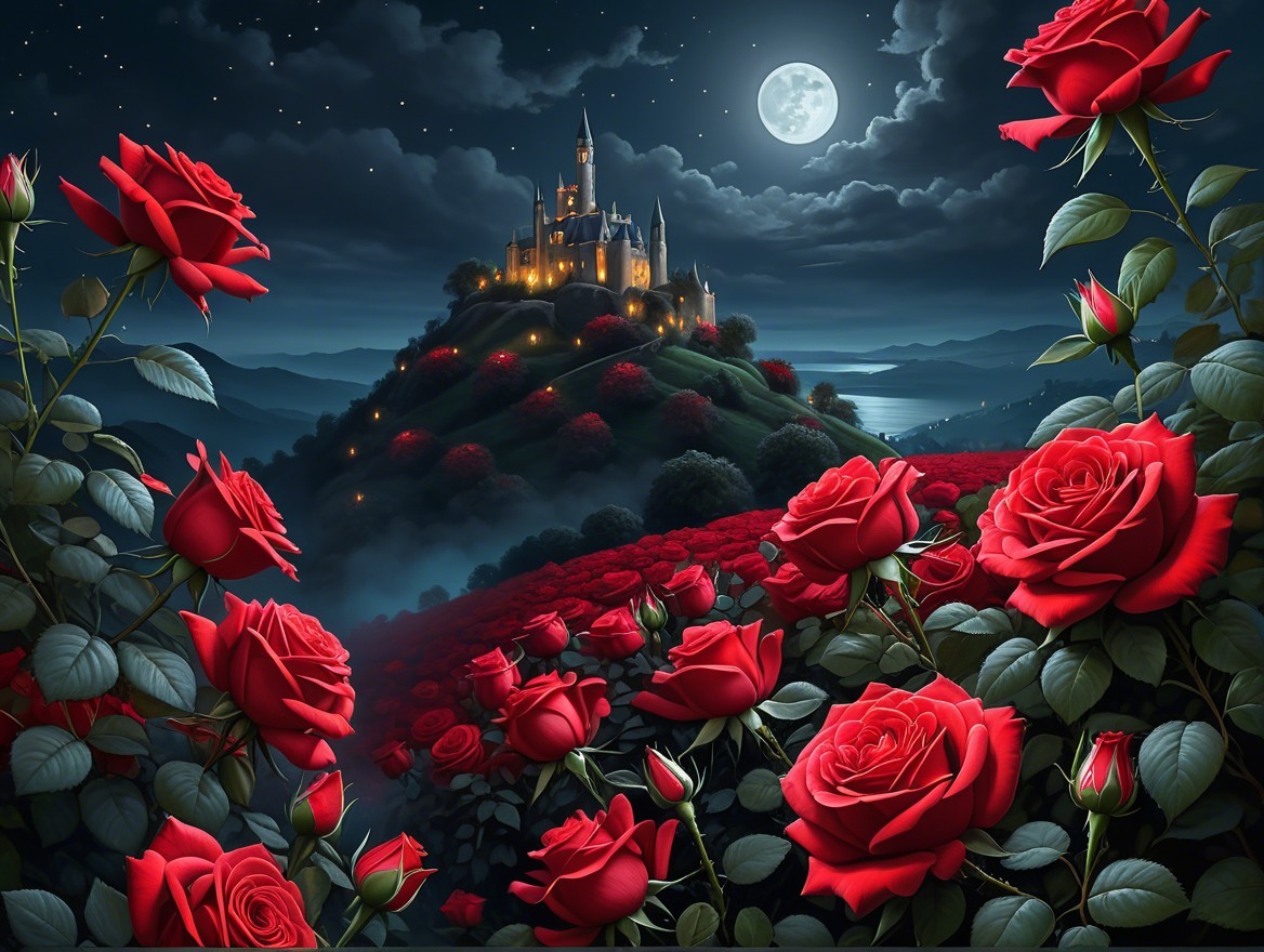 Castle on Hill Surrounded by Roses Under Full Moon