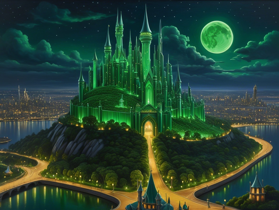 Emerald Castle on a Hill Under a Glowing Moon