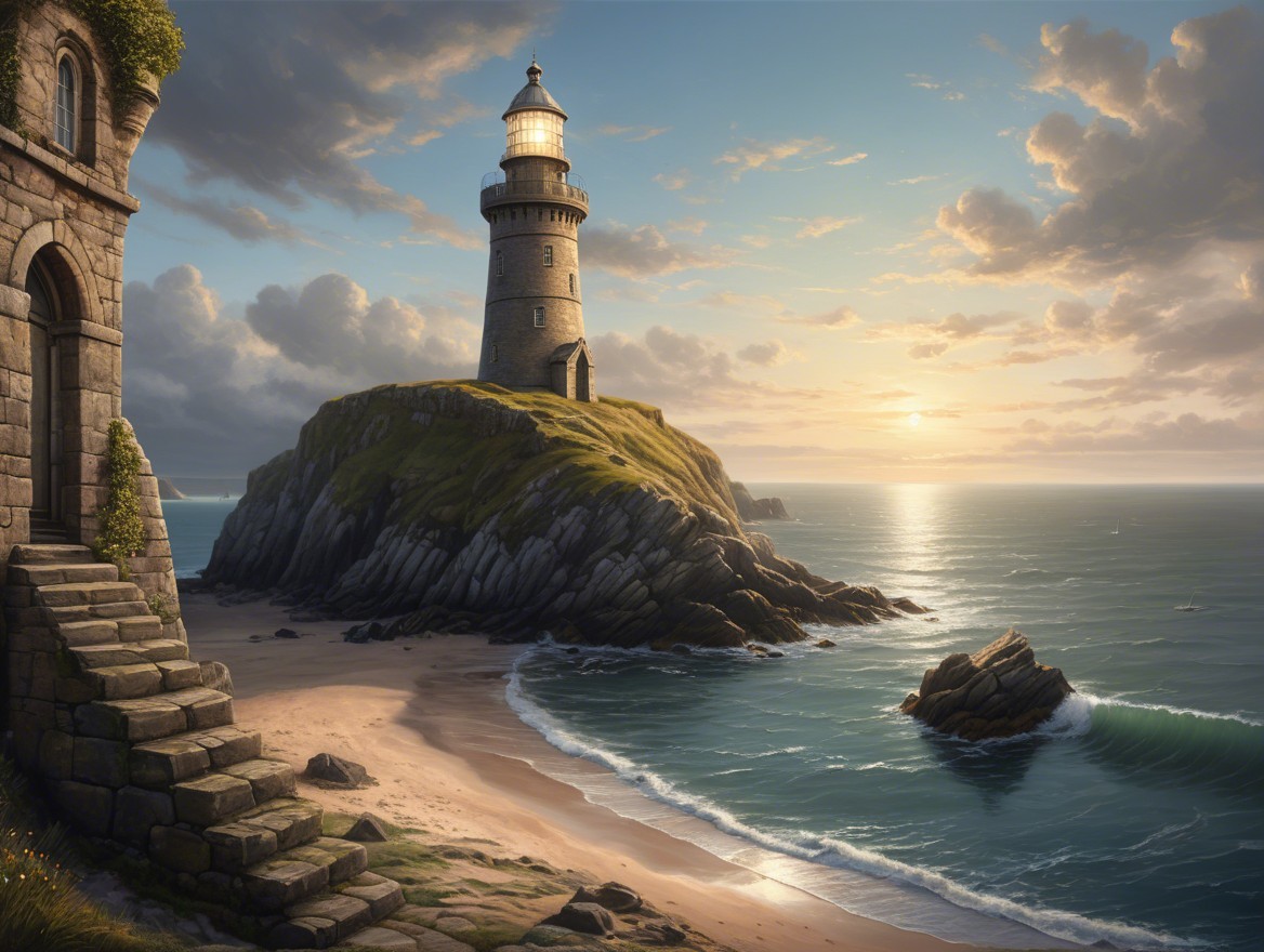 Lighthouse on Rocky Promontory at Sunset Over Sea