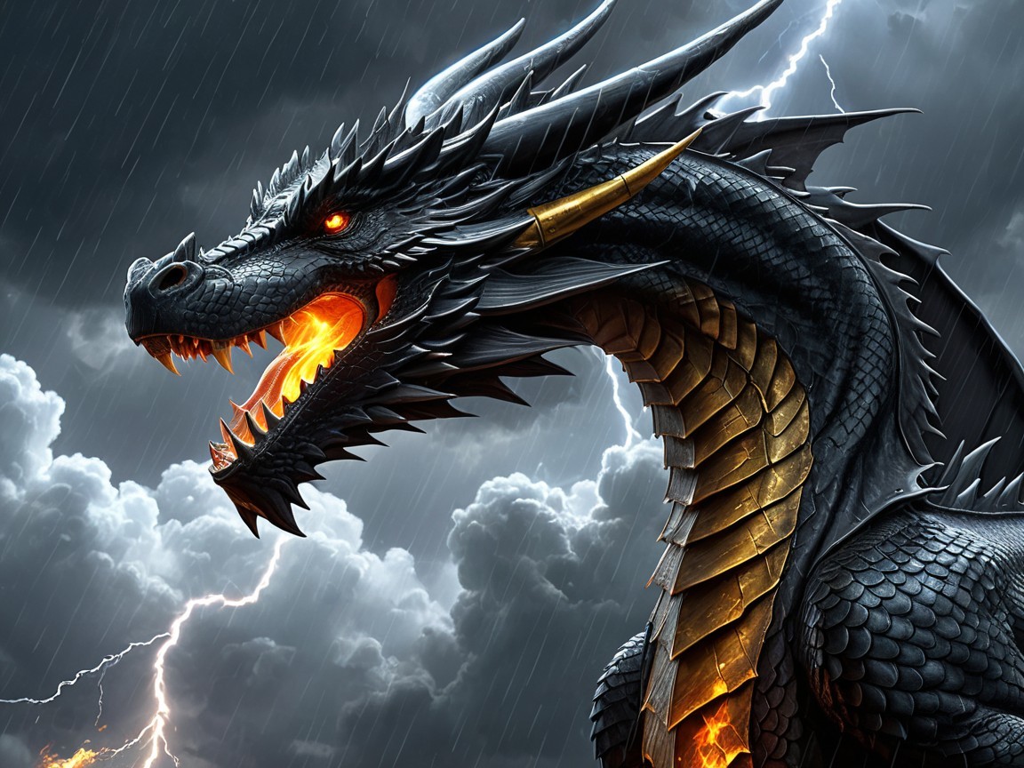 Majestic black dragon against a stormy sky backdrop