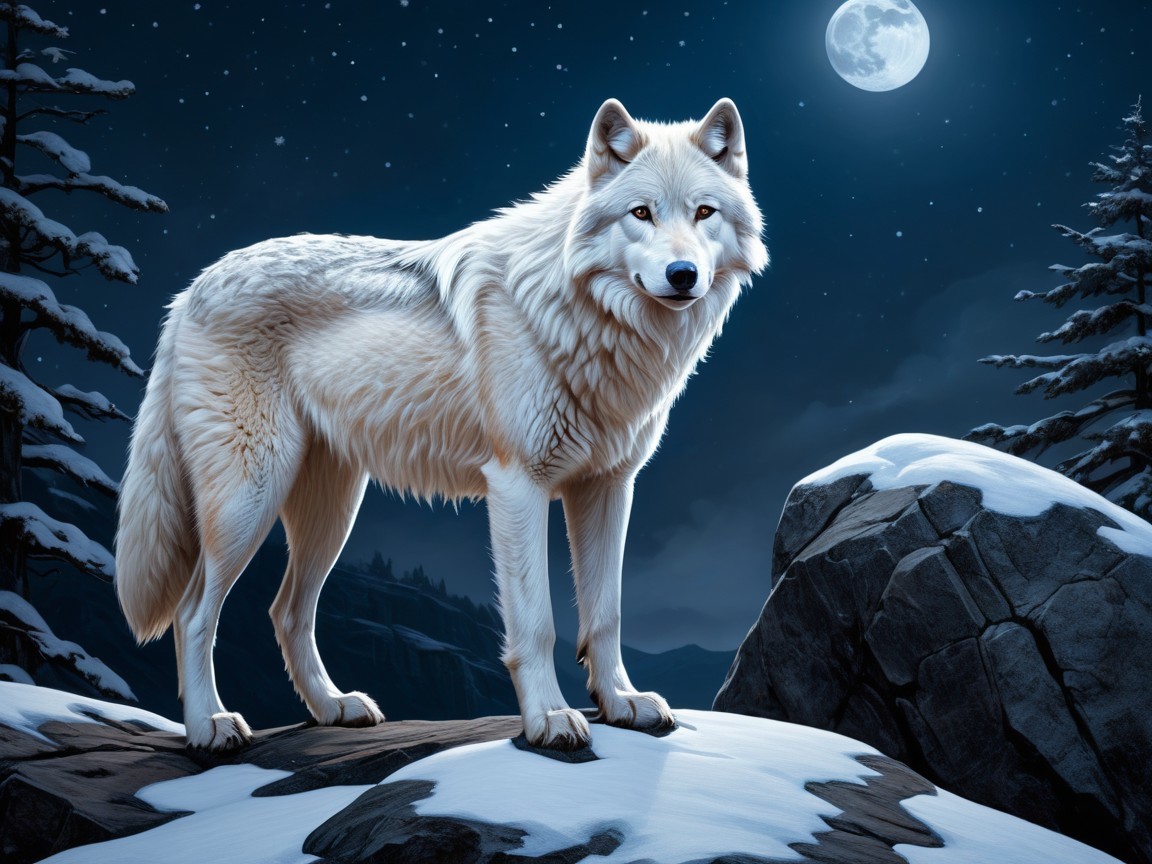 White Wolf on Rocky Outcrop Under Full Moonlight