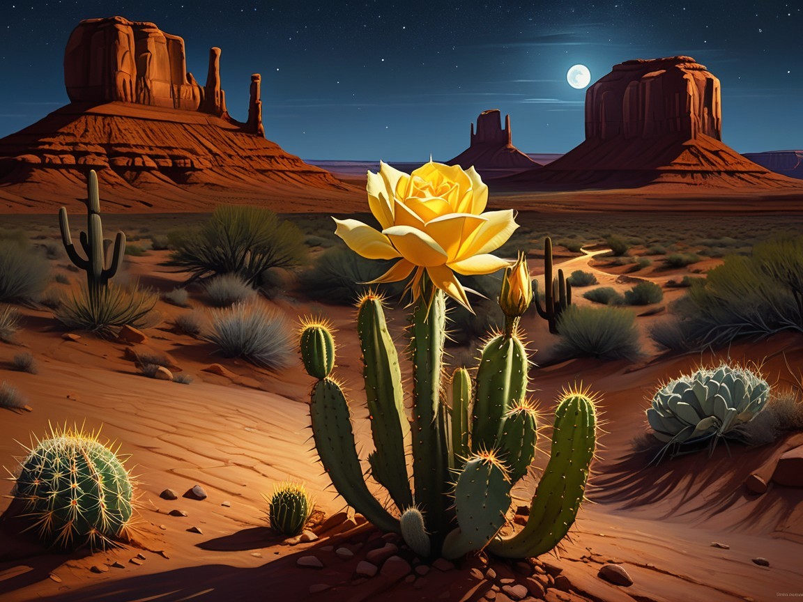 Desert Scene with Cactus Flower and Starry Sky