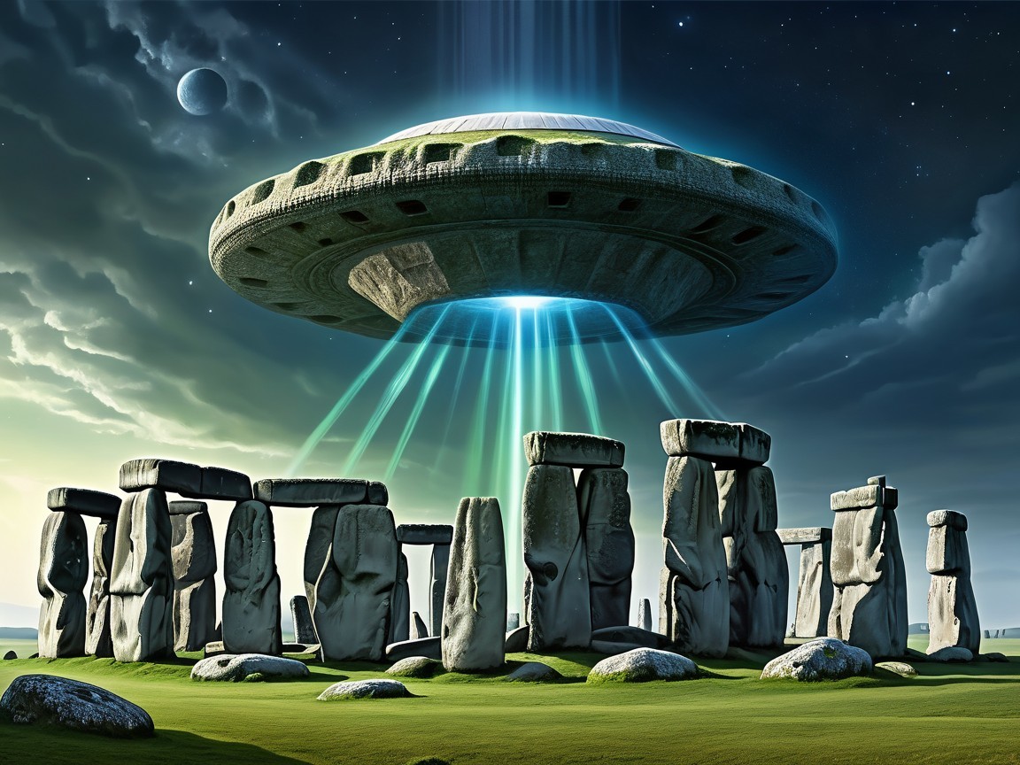 UFO Above Stonehenge with Light Beams and Clouds