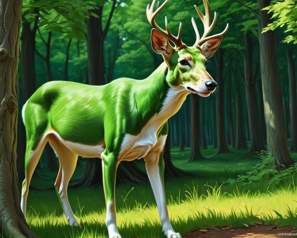 Vibrant Green Deer in a Sunlit Forest Setting