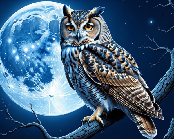 Majestic owl perched on branch under full moon