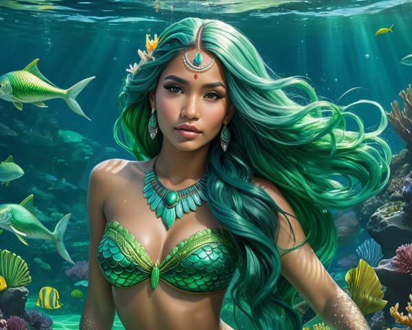 Mermaid with Green Hair in Vibrant Underwater Scene