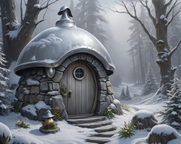 Snow-Covered Cottage Surrounded by Frosty Trees