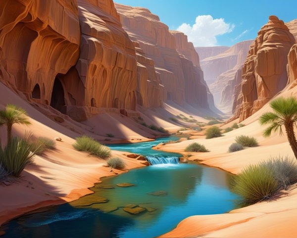 Desert Canyon Landscape with River and Red Rock Formations