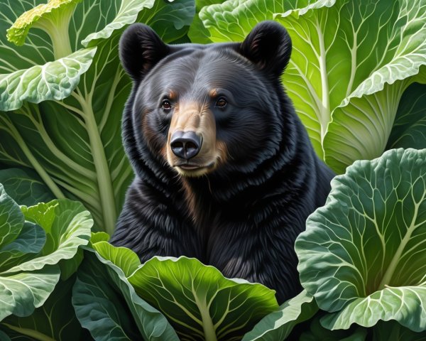 Black Bear Amidst Lush Green Cabbage Leaves