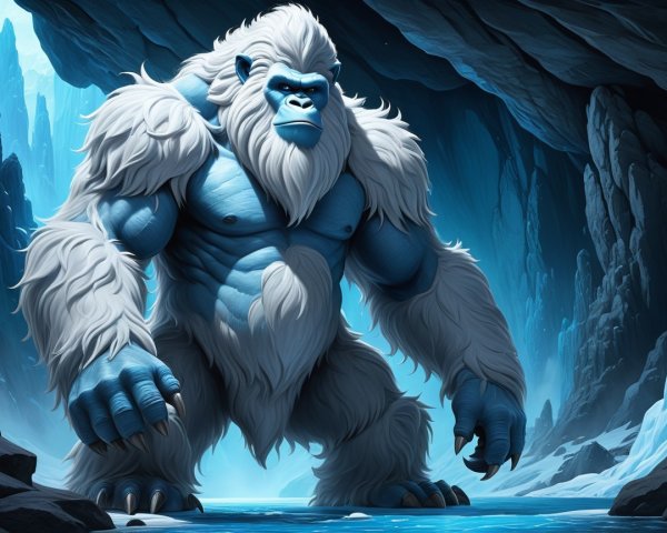 Yeti in Frozen Cave with Blue Skin and White Fur