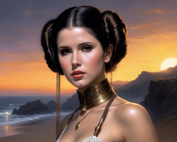 Portrait of a woman with space-themed bun hairstyle