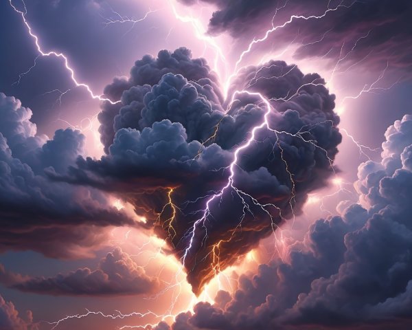 Heart-Shaped Dark Clouds with Lightning and Color Hues