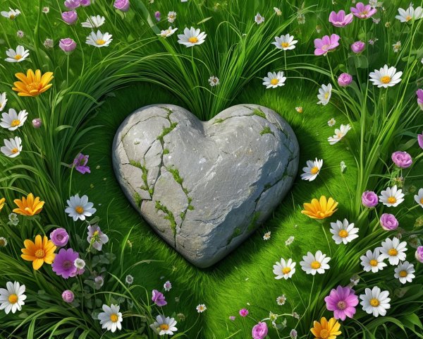 Heart-Shaped Stone in a Vibrant Meadow Setting