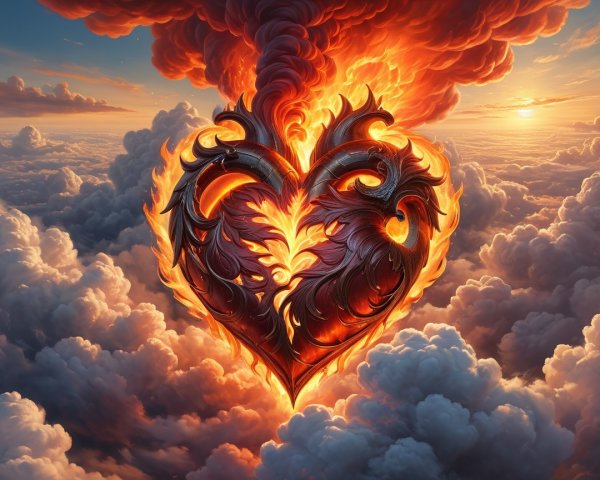 Fiery Heart Surrounded by Vibrant Sunset Clouds
