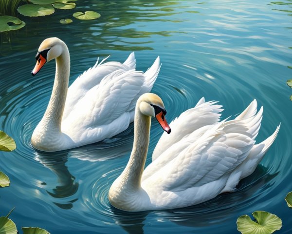 Elegant swans gliding on a serene blue pond