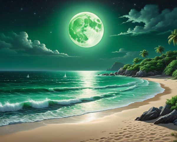 Nighttime Beach Scene with Green Moon and Waves