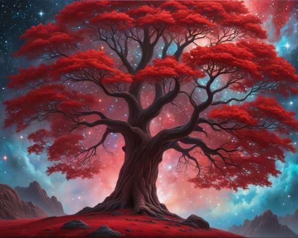 Majestic tree with red leaves in cosmic landscape