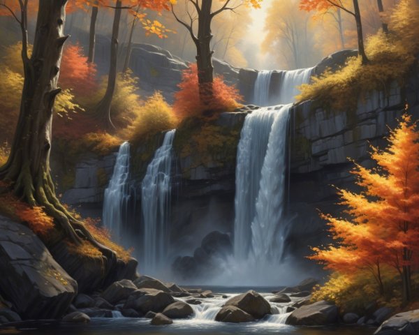 Autumn Landscape with Waterfall and Vibrant Foliage