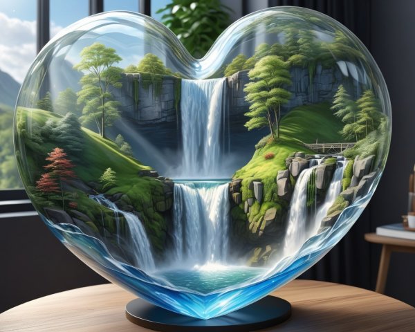 Heart-Shaped Glass Sculpture with Scenic Landscape