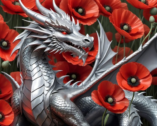Silver Dragon in a Field of Red Poppies