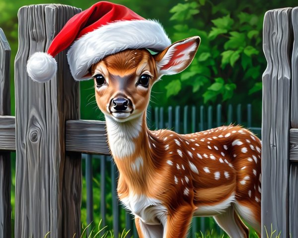 Fawn with Santa Hat Behind Wooden Fence in Greenery