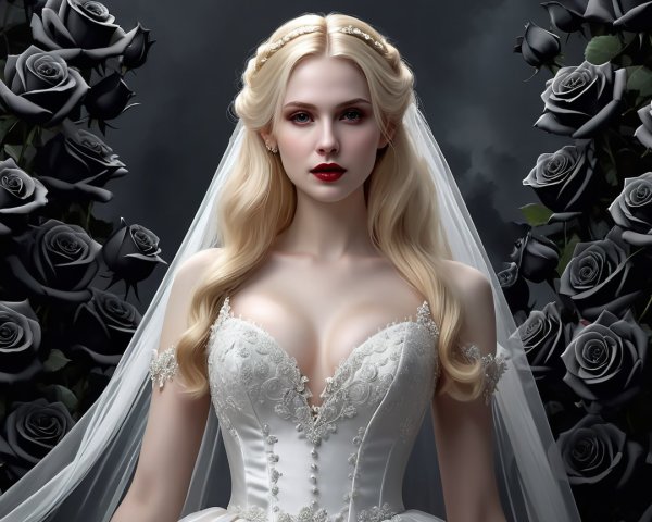 Elegant Bride in White Gown with Dark Roses Backdrop