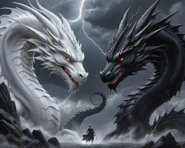 Dragons in Stormy Landscape Symbolizing Light and Darkness